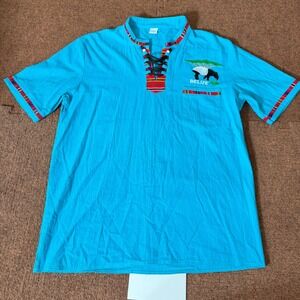 Belize Souvenir Shirt Mens Large Turquoise Lace Up Embroidered Tapir Boho Top A+